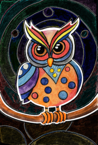 Surrealistic owl illustration with vibrant colors. The owl, drawn with colored markers on Canson paper, features large, glowing eyes and sits against a dark, neon-style background. The drawing evokes a sense of enchantment, reminiscent of children's book illustrations.